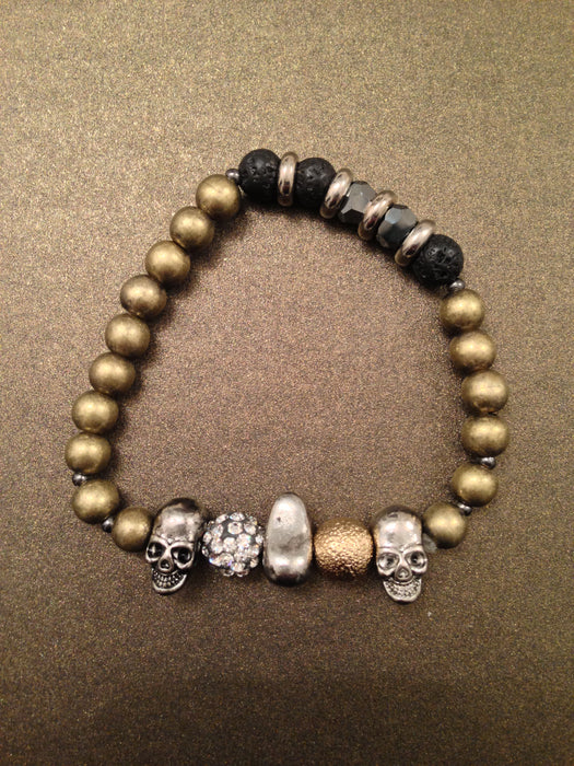 Metal Stone and Crystal Beads with Metal Skull Bracelet