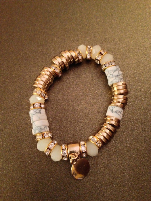 Crystal Rondelle Accents Stretch Bracelet (Ivory and Gold)