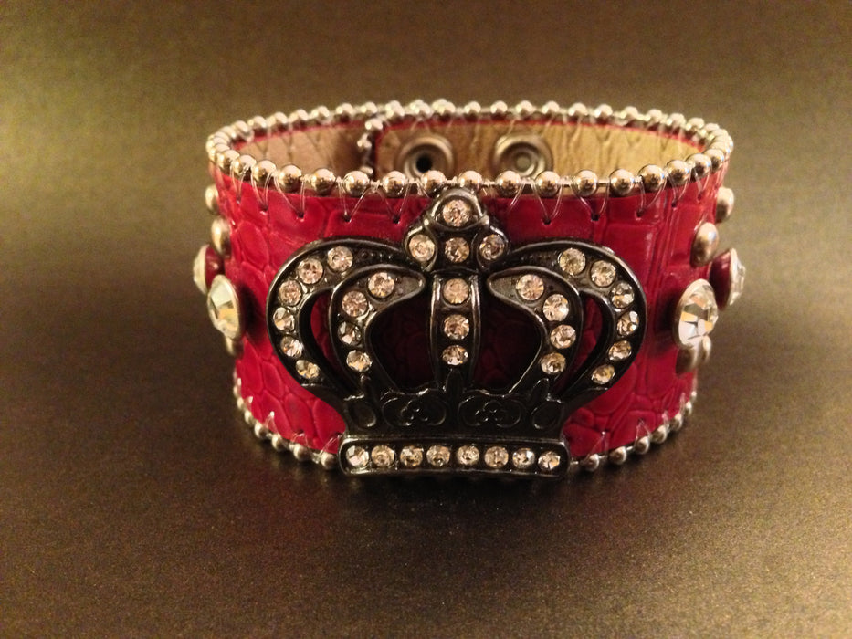 Leather Rhinestone Bracelets (Red with Crown)