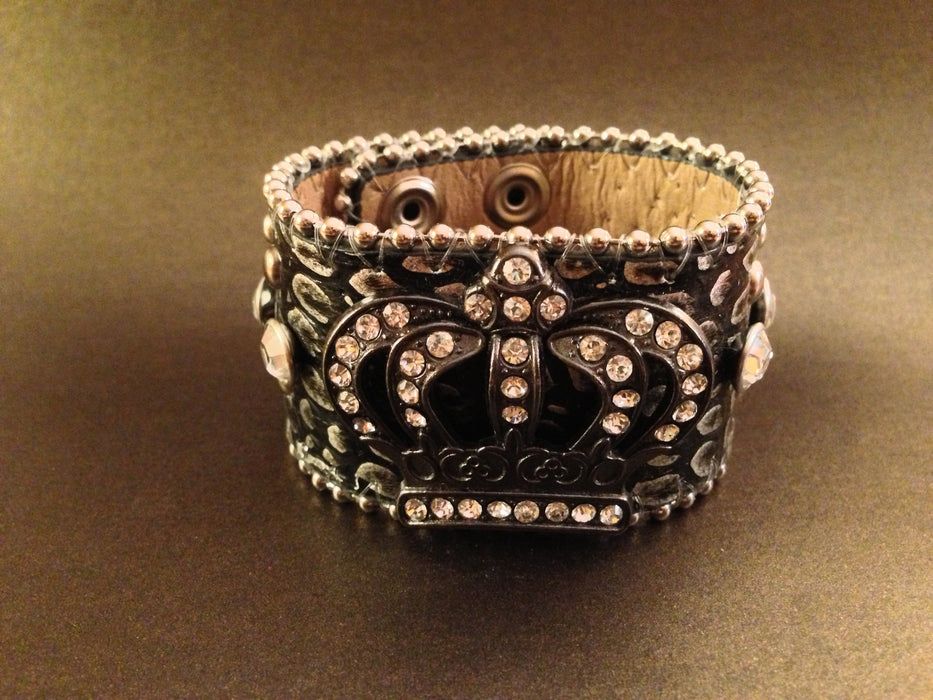 Leather Rhinestone Bracelets (Silver with Crown)