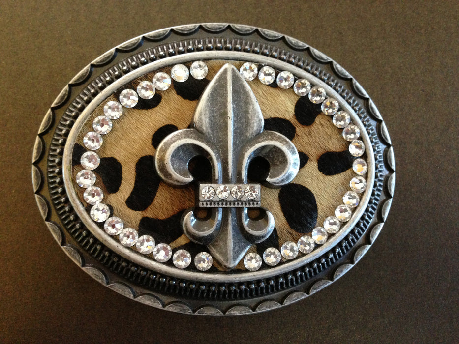 Oval Rhinestone Fleur De Lis with Leather inlay buckle in Leopard