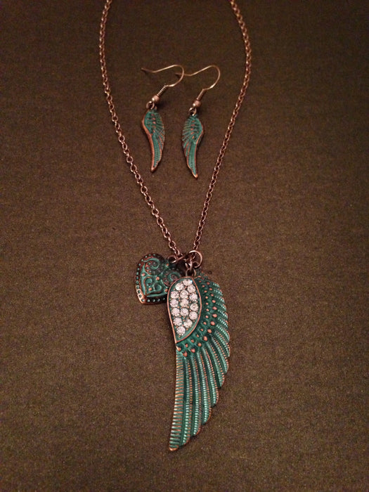 Crystal Feather Pendant Necklace Set (Patina Turquoise)