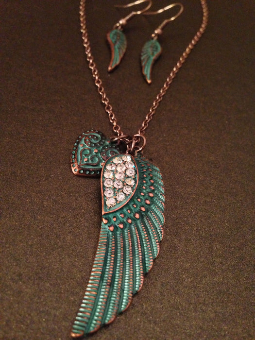 Crystal Feather Pendant Necklace Set (Patina Turquoise)