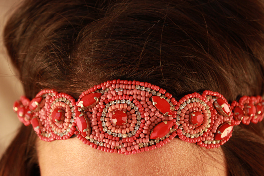 Coral Jewel Studded Sead Bead Headband
