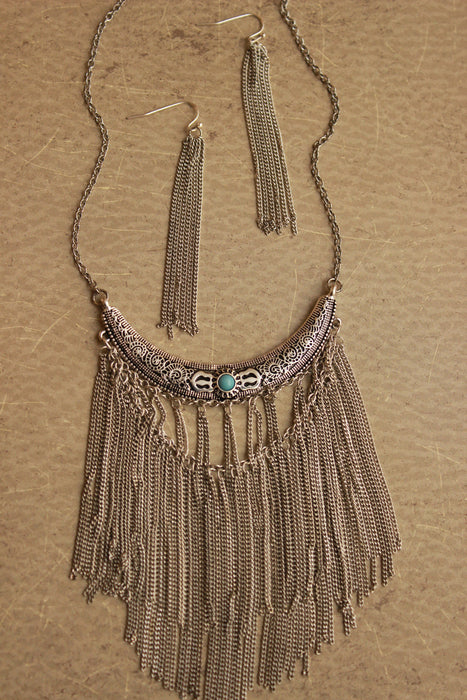 Crescent Pendant Tassel Necklace Set