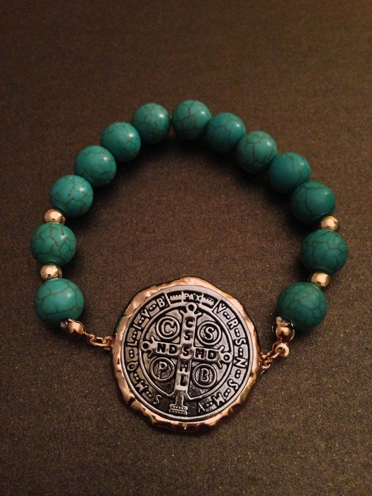 Prayer Of Saint Benedict Semi Precious Turquoise Stone Bracelet