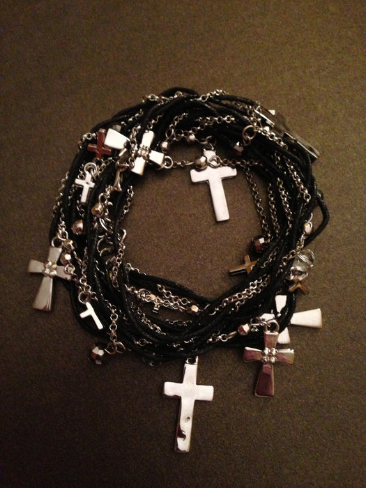 Metal Cross and Chain with Thread Wrap Bracelet (Silver and Black)