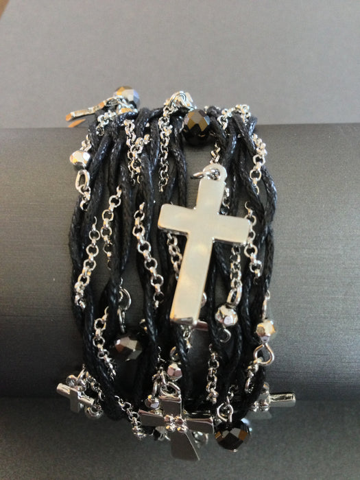 Metal Cross and Chain with Thread Wrap Bracelet (Silver and Black)