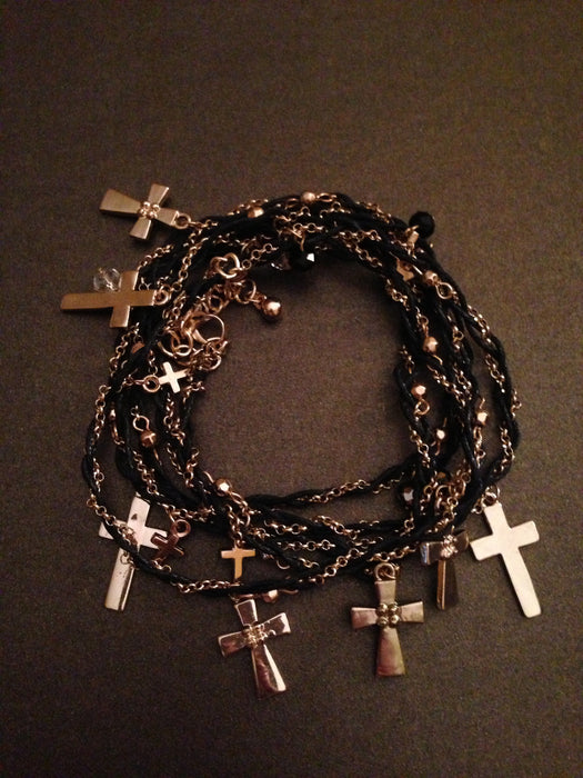 Metal Cross and Chain with Thread Wrap Bracelet (Gold and Black)