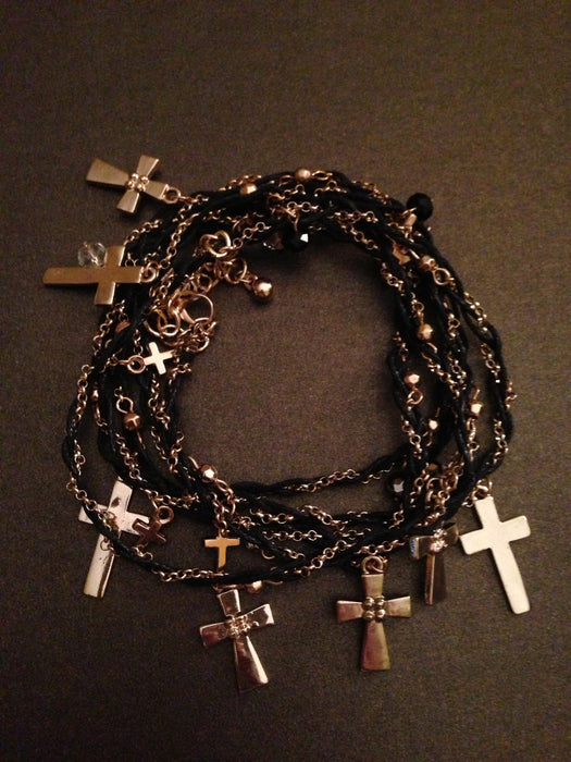 Metal Cross and Chain with Thread Wrap Bracelet (Gold and Black)