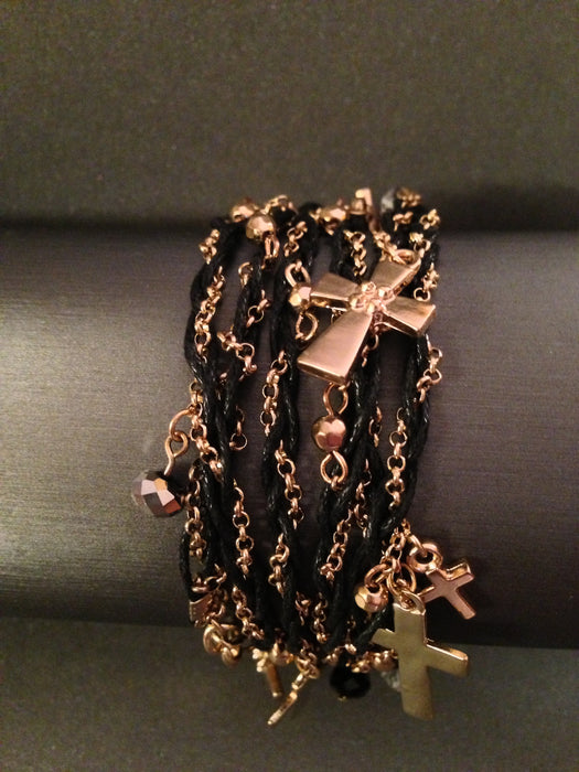 Metal Cross and Chain with Thread Wrap Bracelet (Gold and Black)