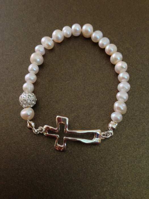 Crystal Ball With Cross and Fresh Water Pearl Bracelet