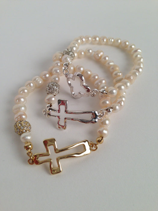 Crystal Ball With Cross and Fresh Water Pearl Bracelet