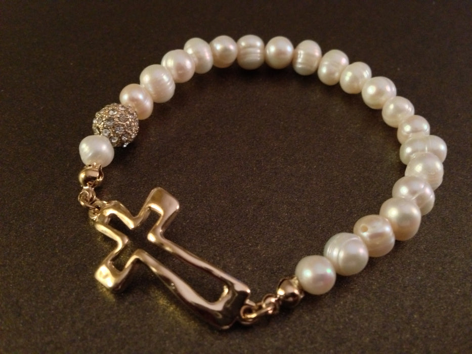 Crystal Ball With Cross and Fresh Water Pearl Bracelet