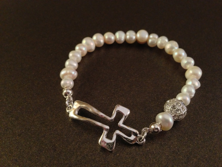 Crystal Ball With Cross and Fresh Water Pearl Bracelet