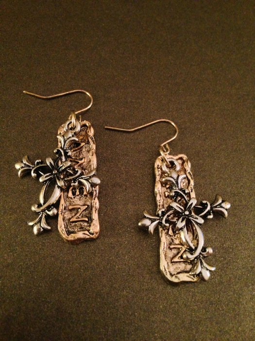 Two-Toned Hammered Floral "Amen" Cross Earrings