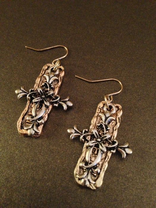 Two-Toned Hammered Floral "Amen" Cross Earrings