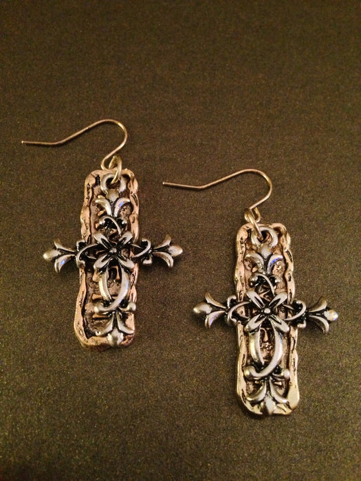 Two-Toned Hammered Floral "Amen" Cross Earrings