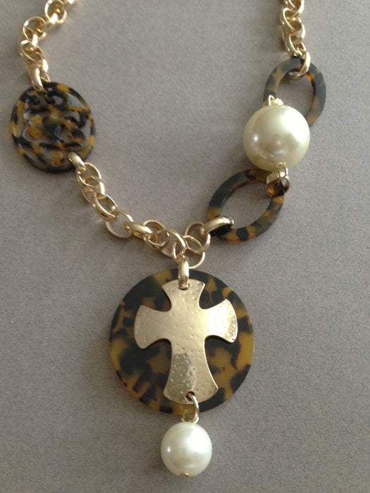 Shell Pearl Cross Pendant Necklace