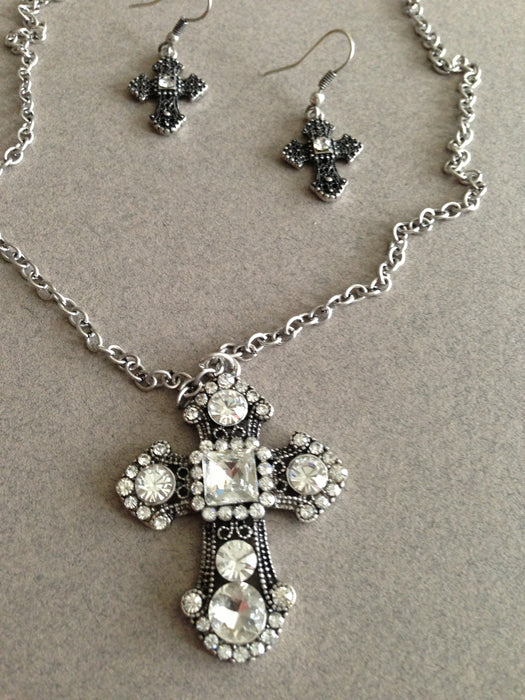 Rhinestone Cross Pendant and Charm Necklace Set