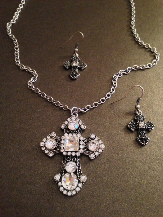 Rhinestone Cross Pendant and Charm Necklace Set