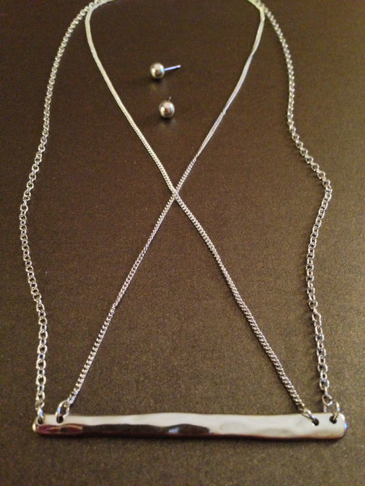 Hammered Criss Cross Necklace Set (Silver)