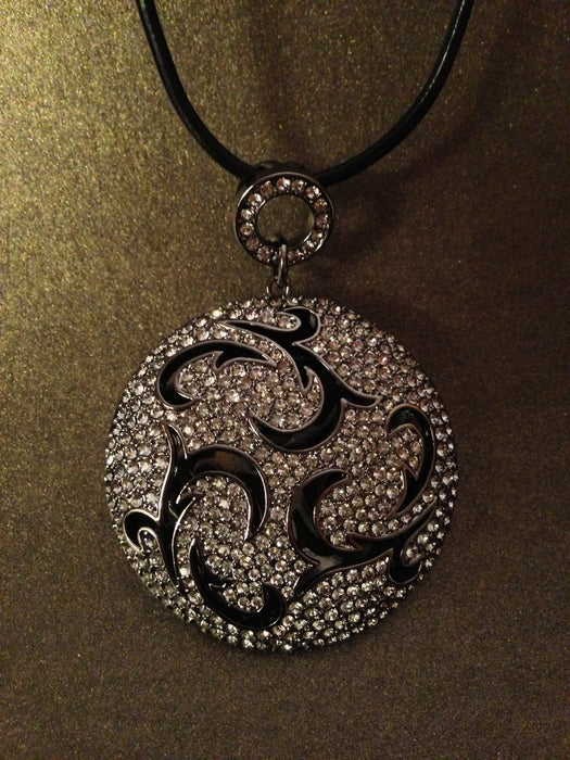Crystal Encrusted Medallion Pendant Necklace (Gun Metal)